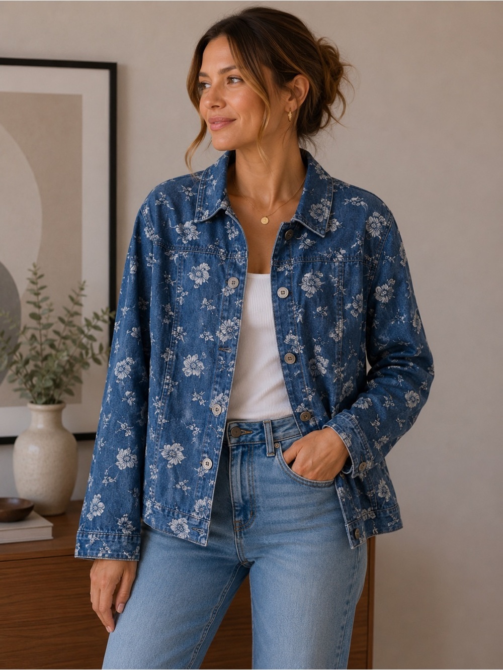 National Wildlife Women's Blue Floral Jean Jacket Size XL Boho Vintage Style